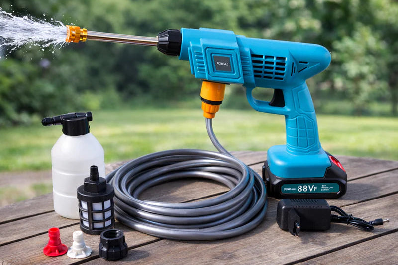 Blue power washer with hose and attachments on a wooden table outdoors
